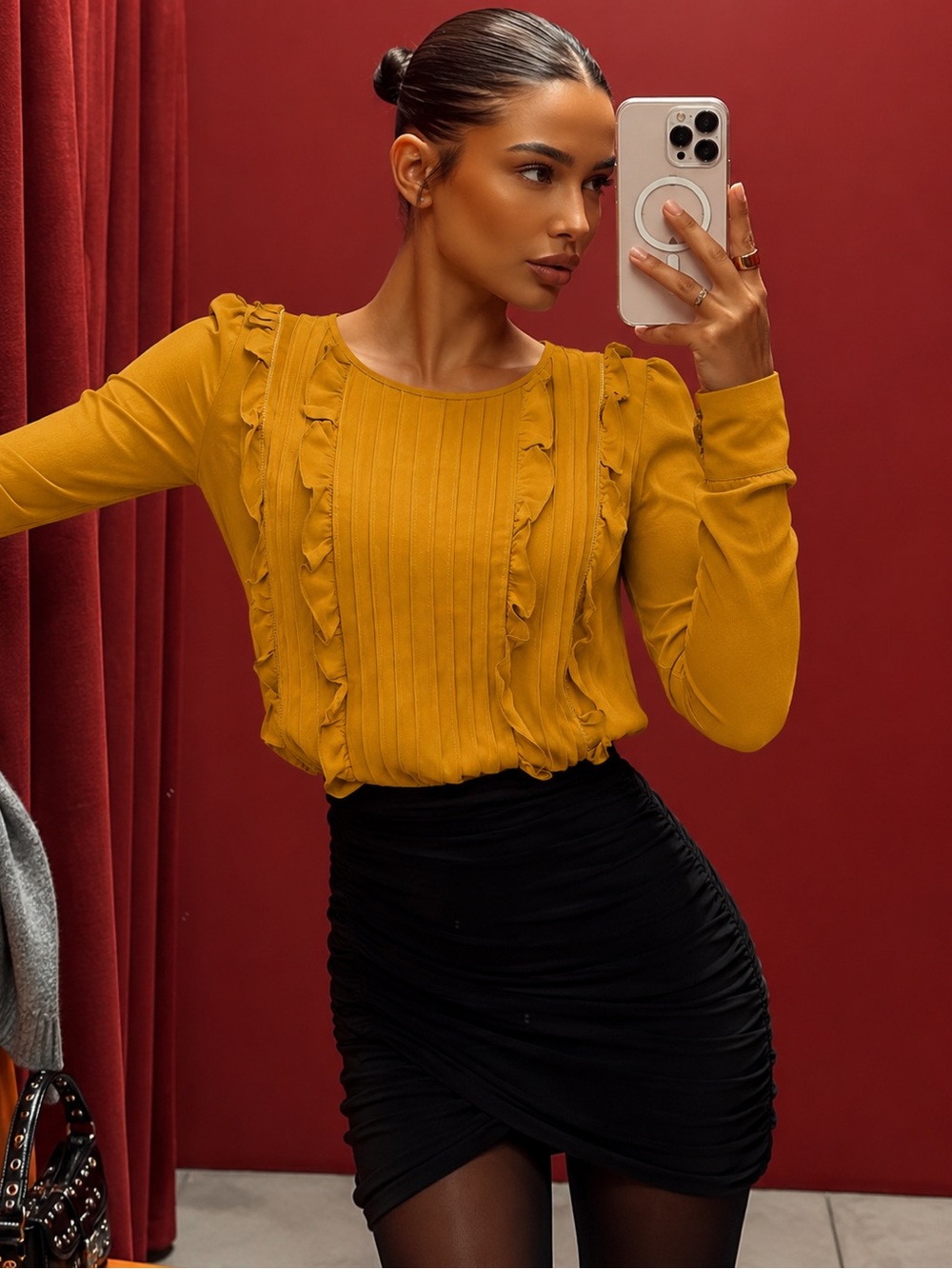 Halogen Mustard Yellow Ruffle Pleated Long Sleeve Blouse – Women’s Top